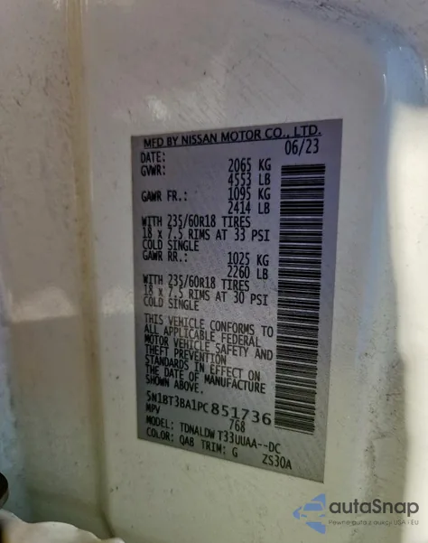 2023 Nissan Rogue Sv z USA, uszkodzony, nr VIN 5N1BT3BA1PC851736